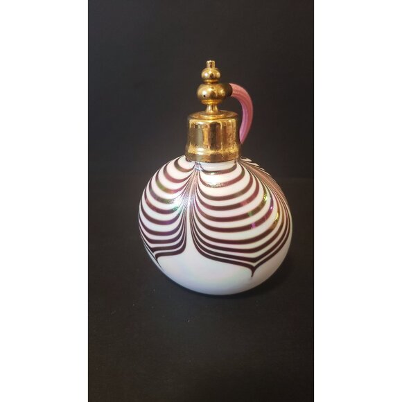 Vintage Iridescent White Atomizer: Purple Feather Design Vanity Decor - Picture 1 of 10